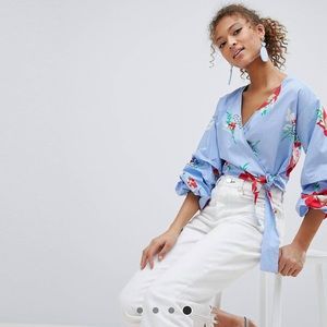 NWT Miss Selfridge Floral Print Puff Sleeve Wrap Blouse